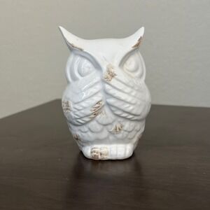 White Ceramic Owl "Hear See Speak No‎ Evil" Wise owl Distressed Farmhouse Bird